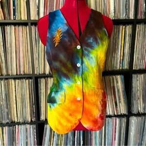 Fitted sleeveless 🌈 ice dyed linen grateful silk Jerry Garcia tie bolt 💀⚡️vest